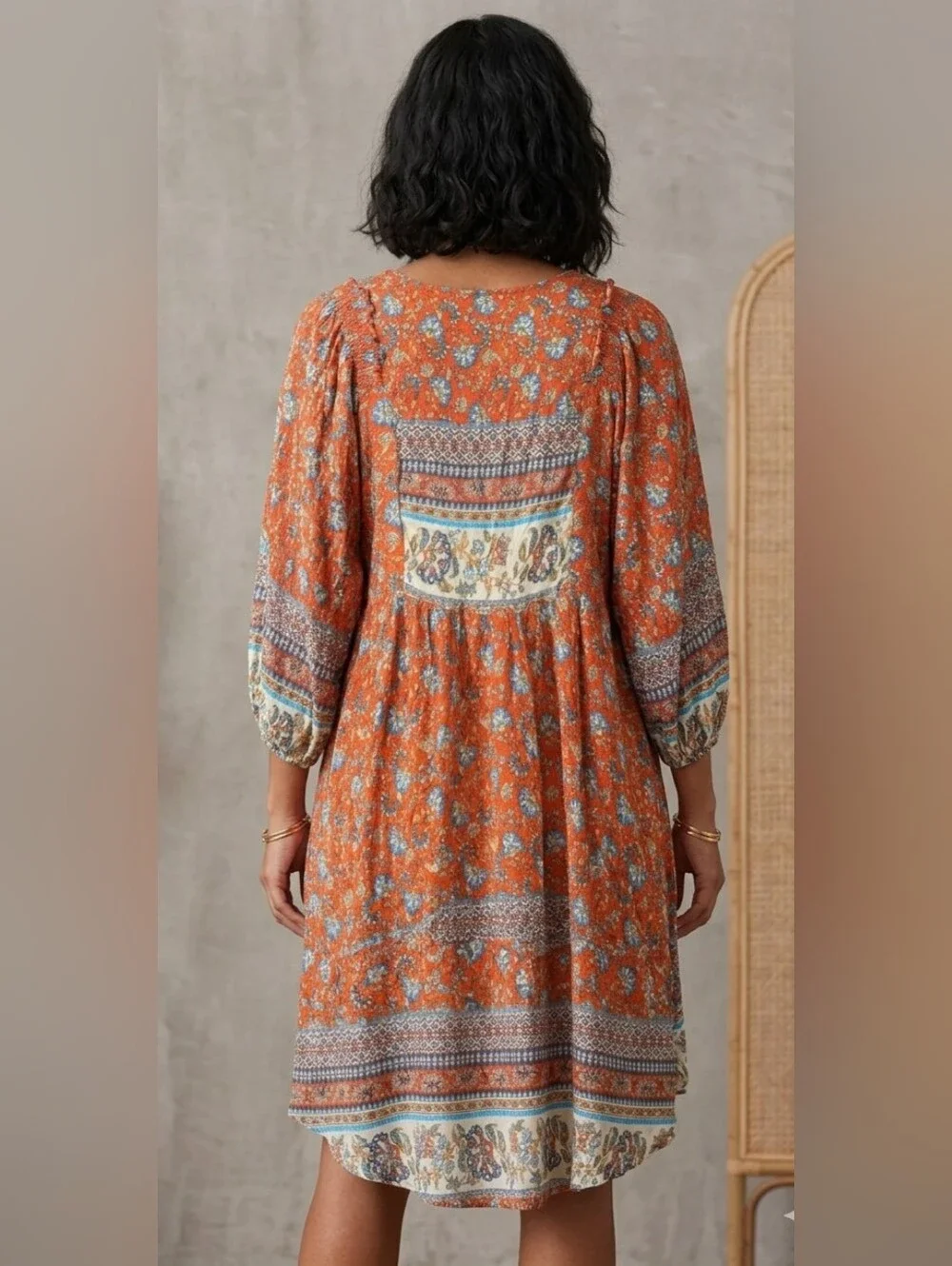 GIGIO USA Orange Floral Boho Tunic Dress High-Low Smocked Size L